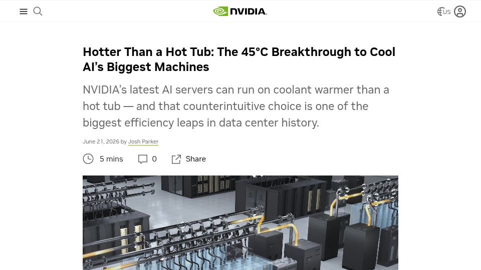 Screenshot of blogs.nvidia.com: 45°C cooling design cuts data center water use to near zero