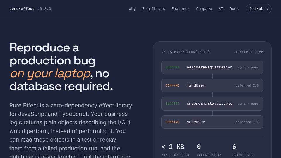 Screenshot of pure-effect.org: Show HN: Pure Effect – Reproduce production bugs on your laptop without a DB