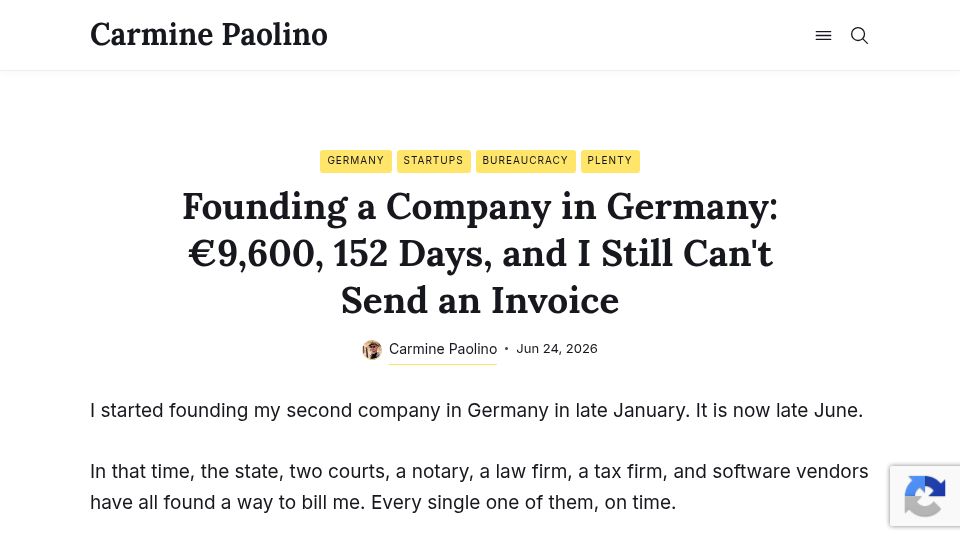 Screenshot of paolino.me: Founding a company in Germany: €9600, 152 days and I still can't send an invoice