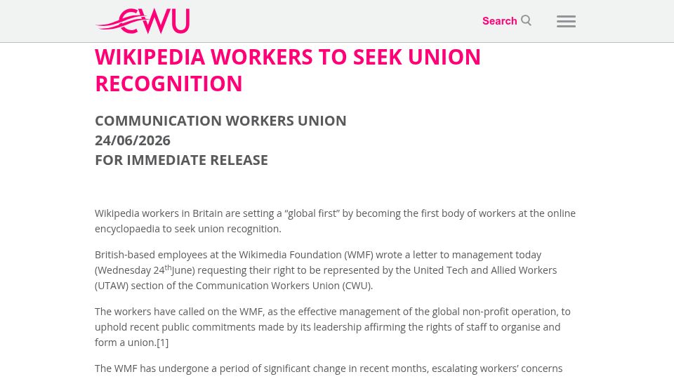 Screenshot of cwu.org: Wikipedia Workers to Seek Union Recognition