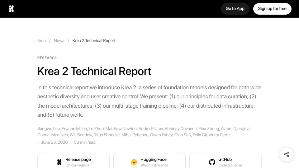Screenshot of krea.ai: Krea 2: SOTA open-weights 12B image model