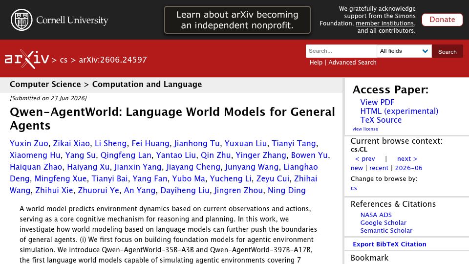Screenshot of arxiv.org: Qwen-AgentWorld: Language World Models for General Agents