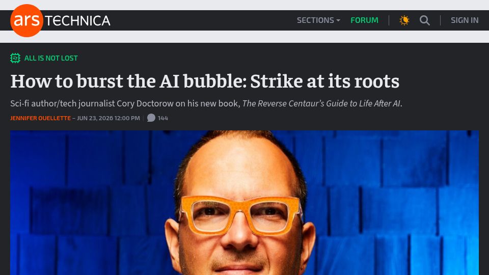 Screenshot of arstechnica.com: How to burst the AI bubble: Strike at its roots