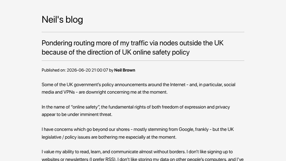Screenshot of neilzone.co.uk: Pondering routing more of my traffic via nodes outside the UK