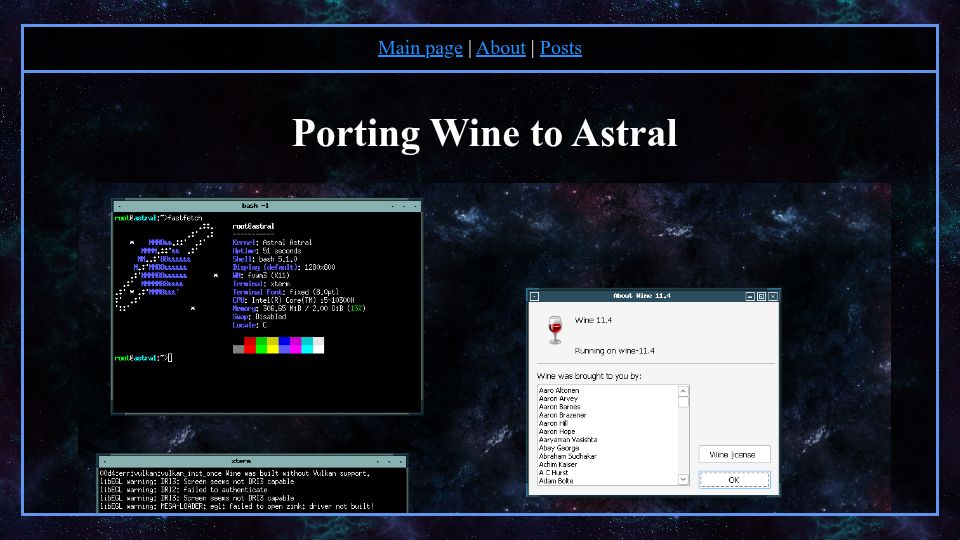 Screenshot of astral-os.org: Running Windows Games on a Hobby OS with Wine