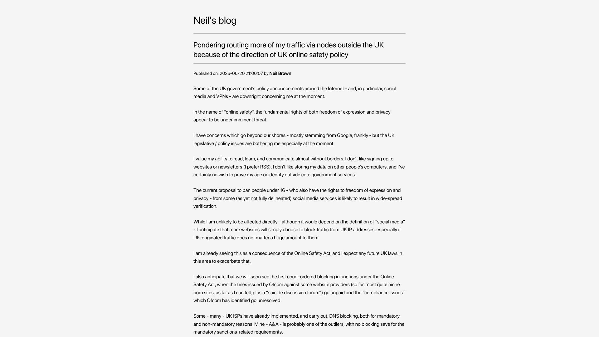 Screenshot of neilzone.co.uk: Pondering routing more of my traffic via nodes outside the UK