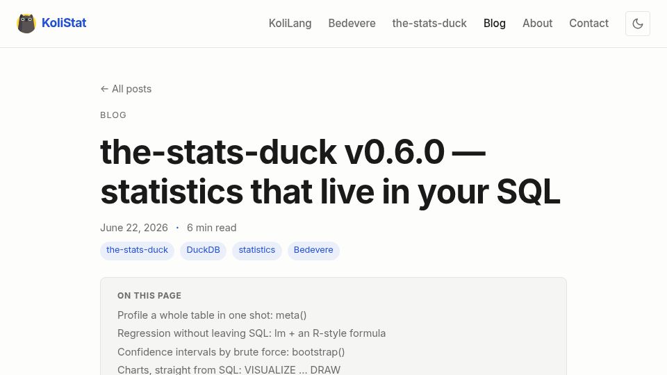 Screenshot of kolistat.com: Statistics that live in your SQL
