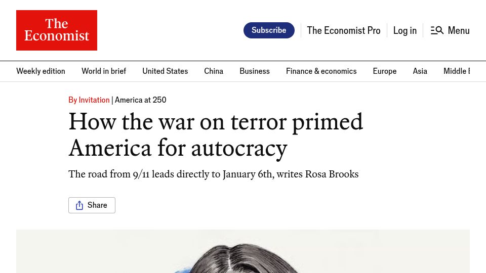 Screenshot of economist.com: The war on terror primed America for autocracy