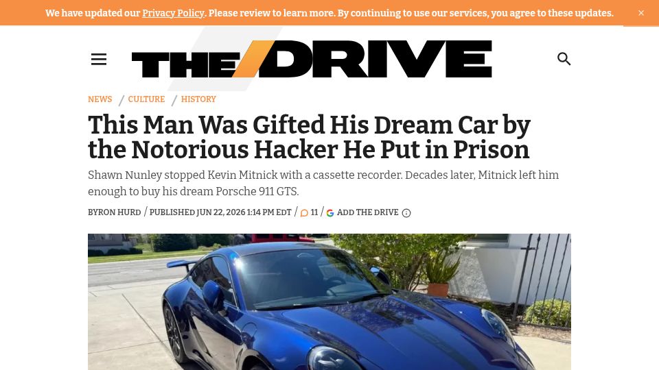 Screenshot of thedrive.com: A man was gifted his dream car by Kevin Mitnick, who he helped put in prison