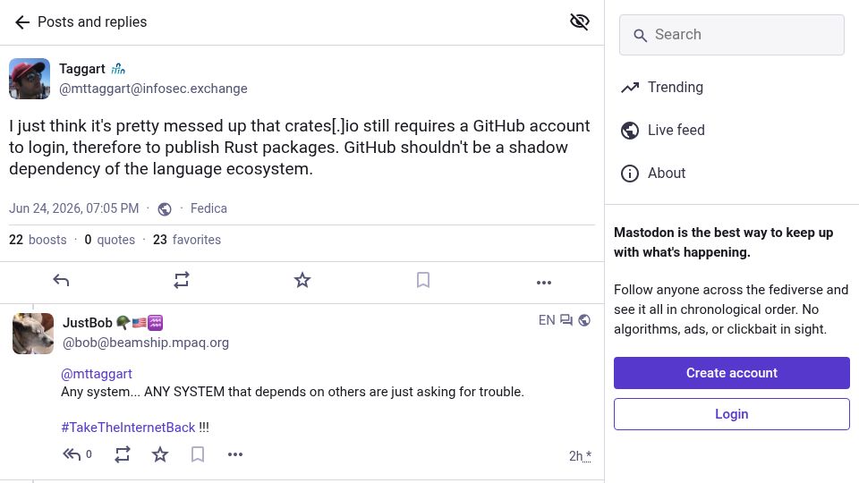 Screenshot of infosec.exchange: GitHub shouldn't be a dependency for publishing Rust on crates.io