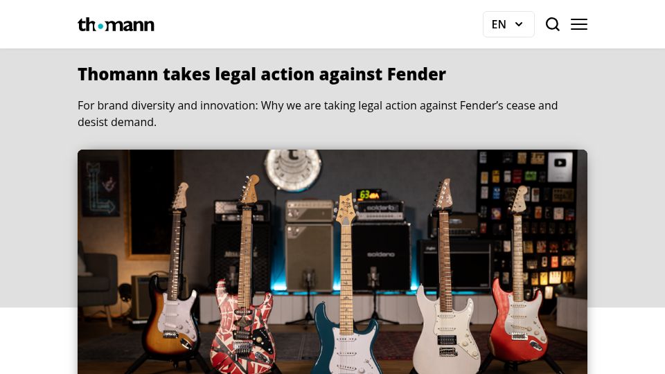 Screenshot of thomann.de: Thomann takes legal action against Fender