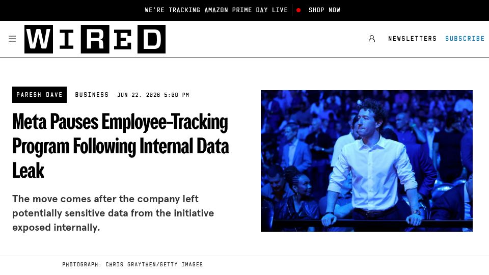 Screenshot of wired.com: Meta Pauses Employee-Tracking Program Following Internal Data Leak
