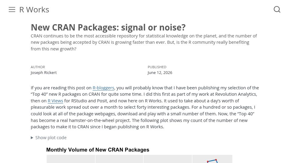 Screenshot of rworks.dev: Too many R packages: CRAN is inundated with submissions