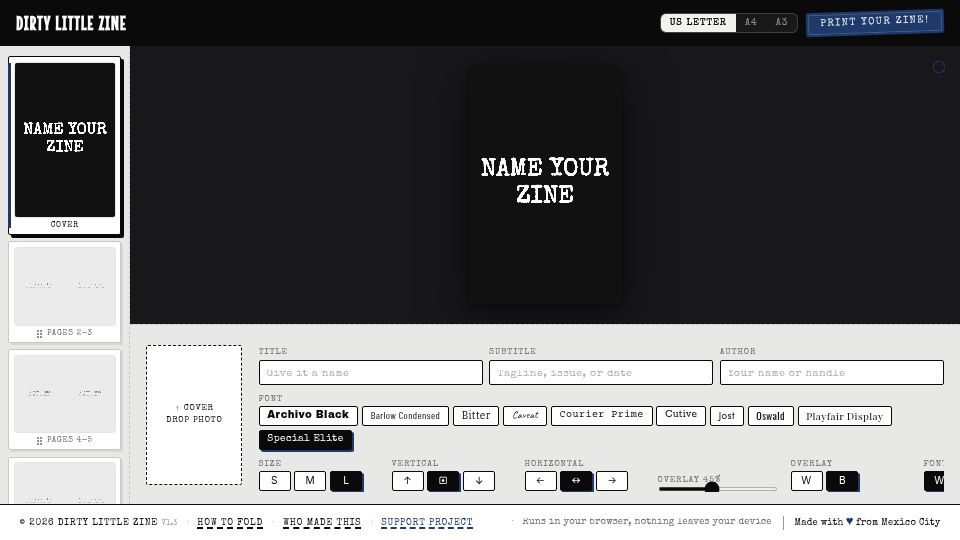 Screenshot of dirtylittlezine.com: Dirty Little Zine – a tool for making an 8 page printable Zine
