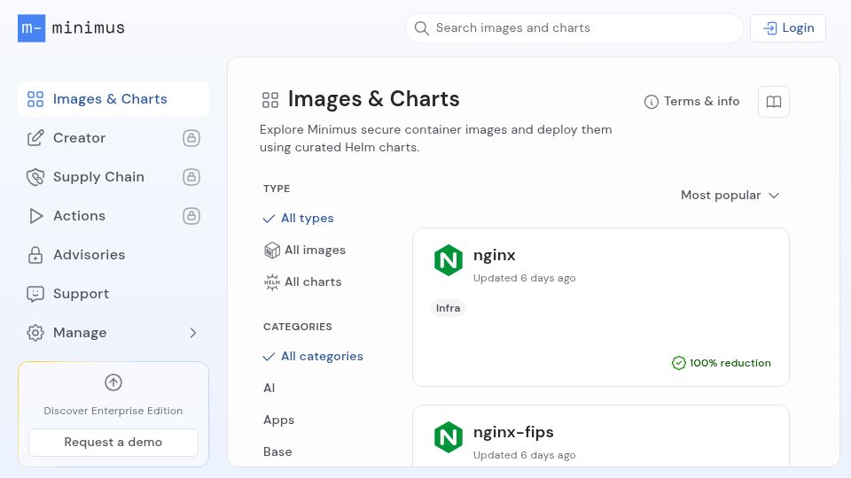 Screenshot of images.minimus.io: Minimus container images are now free