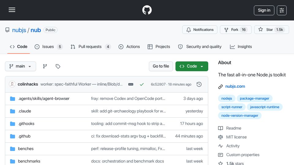 Screenshot of github.com: Show HN: Nub – A Bun-like all-in-one toolkit for Node.js