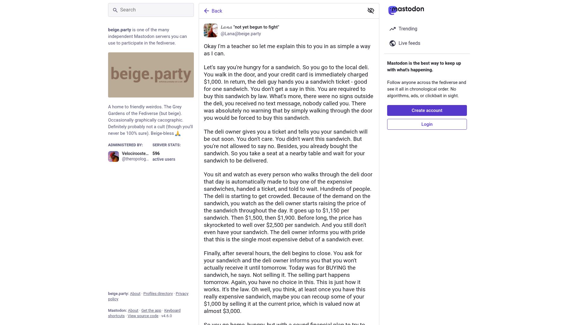Screenshot of beige.party: Let's say you're hungry for a sandwich