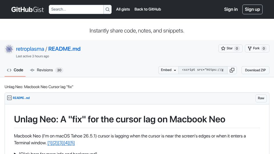 Screenshot of gist.github.com: "Fix" MacBook Neo Cursor Lag: Record 1 Pixel of the Screen Every 10 Seconds