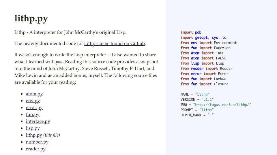 Screenshot of fogus.me: Lithp.py (~2008)