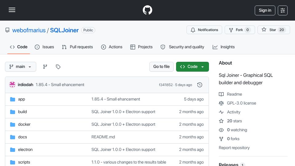 Screenshot of github.com: Show HN: Graphical SQL Builder and Debugger