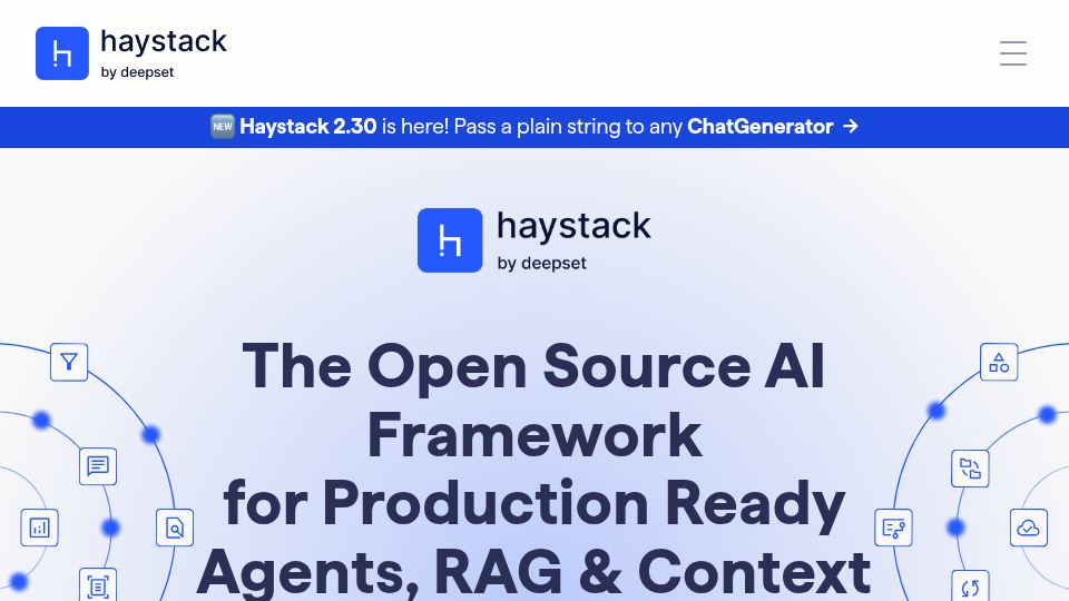 Screenshot of haystack.deepset.ai: Haystack: Open-Source AI Framework for Production Ready Agents, RAG