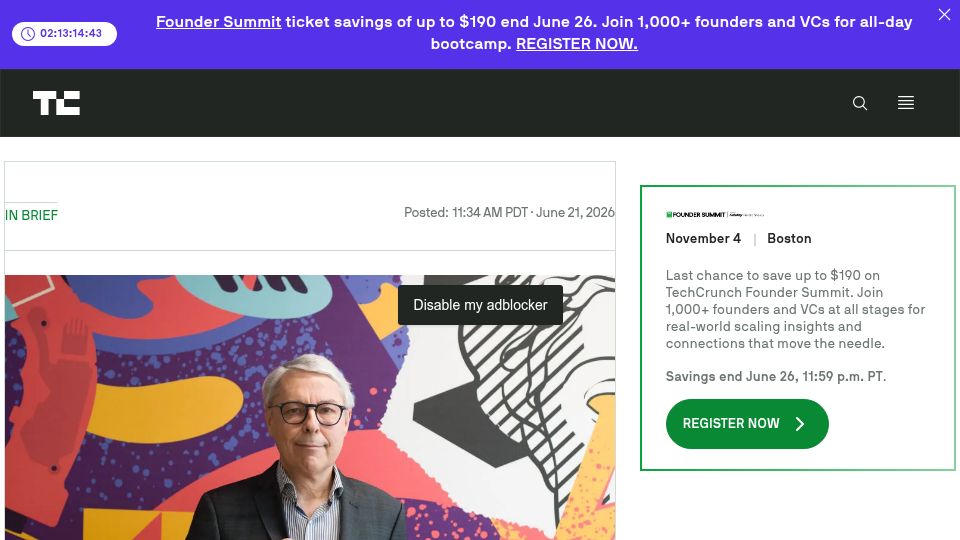 Screenshot of techcrunch.com: Ubisoft co-founder Claude Guillemot dies in plane crash
