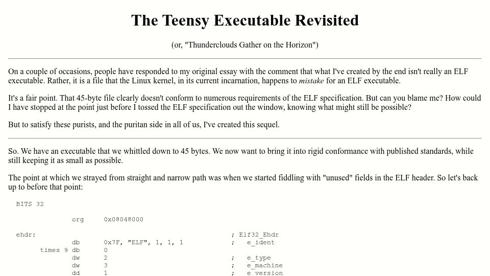 Screenshot of muppetlabs.com: The Teensy Executable Revisited