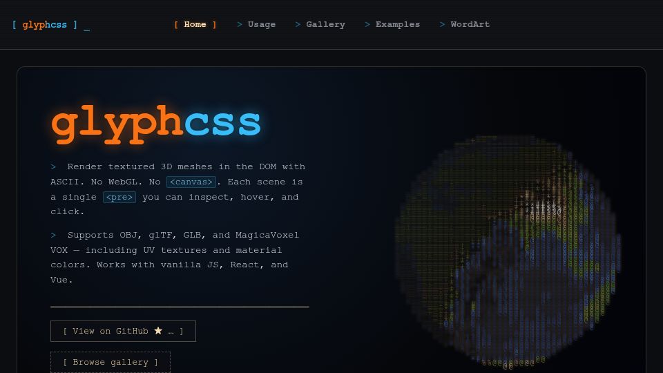Screenshot of glyphcss.com: Show HN: An ASCII 3D Rendering Engine