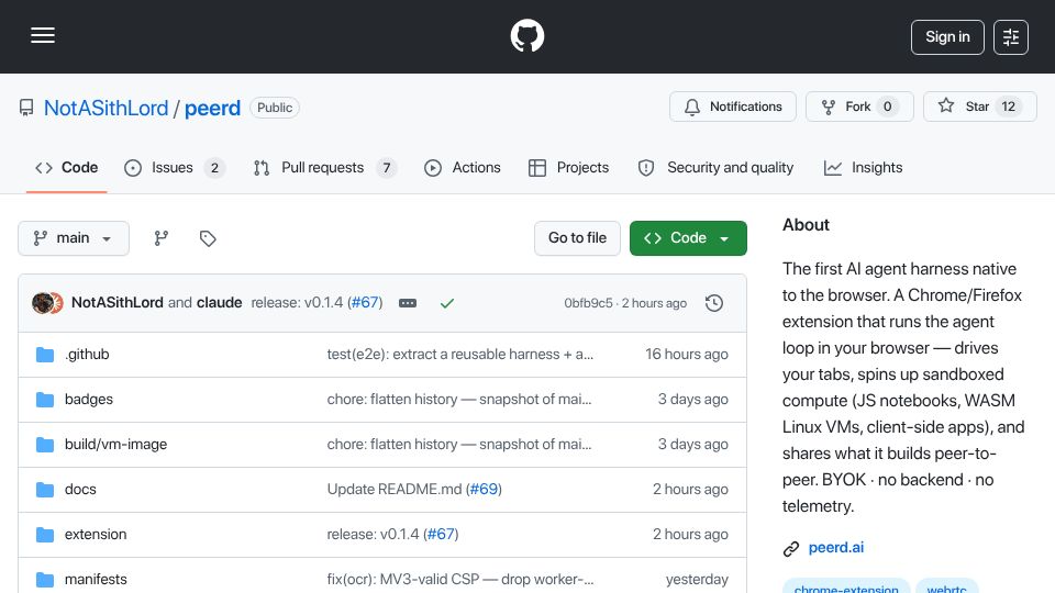Screenshot of github.com: Show HN: peerd – AI agent harness that runs entirely in your browser