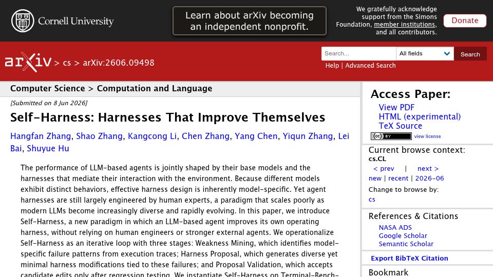 Screenshot of arxiv.org: Self-Harness: Harnesses That Improve Themselves