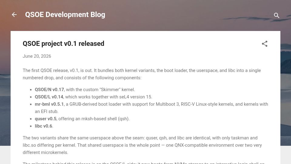 Screenshot of qsoe-dev.blogspot.com: QSOE: QNX-inspired OS with dual-kernel architecture