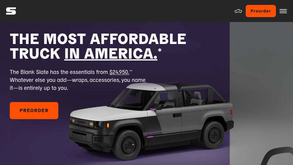 Screenshot of slate.auto: Slate EV truck starts at $24,950