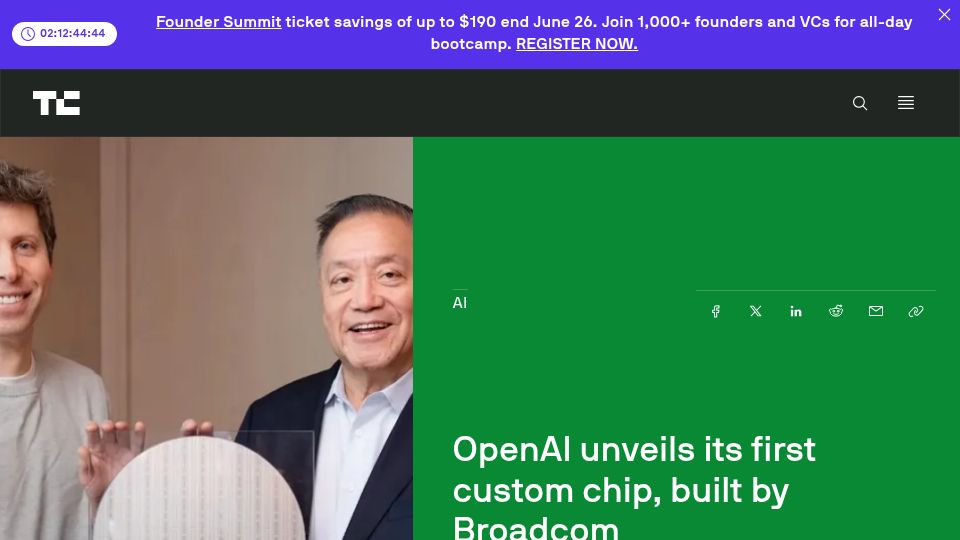 Screenshot of techcrunch.com: OpenAI unveils its first custom chip, built by Broadcom