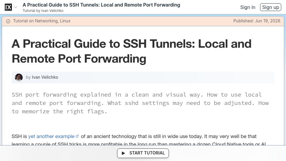 Screenshot of labs.iximiuz.com: A Practical Guide to SSH Tunnels: Local and Remote Port Forwarding