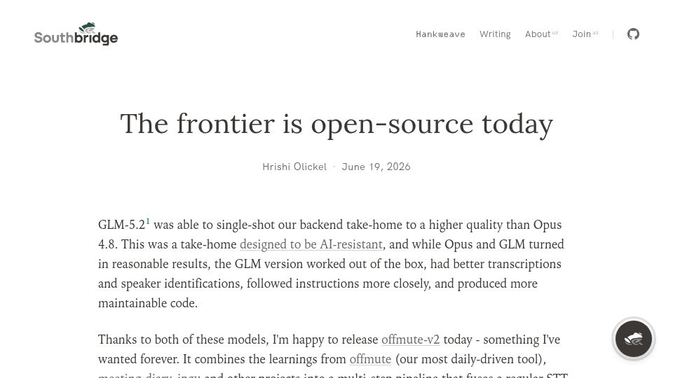 Screenshot of southbridge.ai: The frontier is open-source today