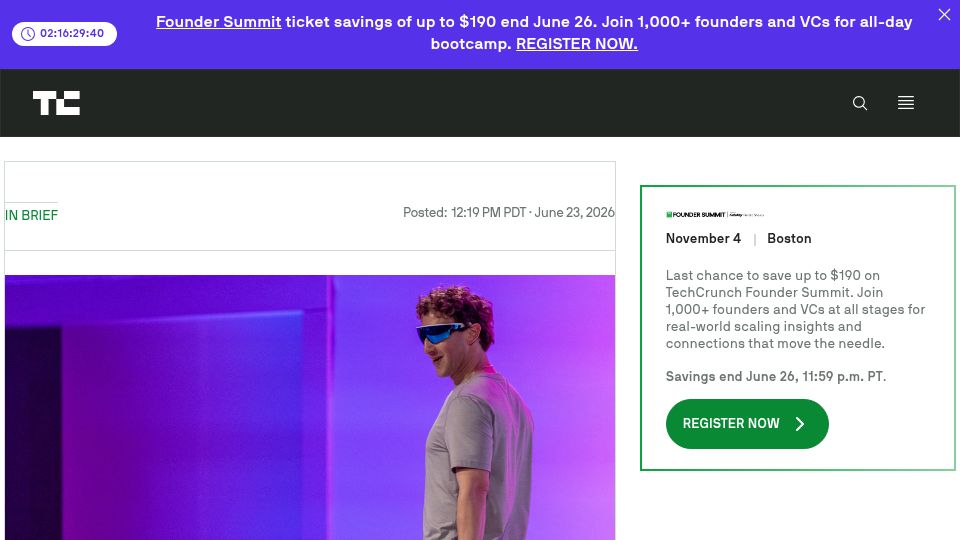 Screenshot of techcrunch.com: Mark Zuckerberg wants Meta to launch its own prediction market