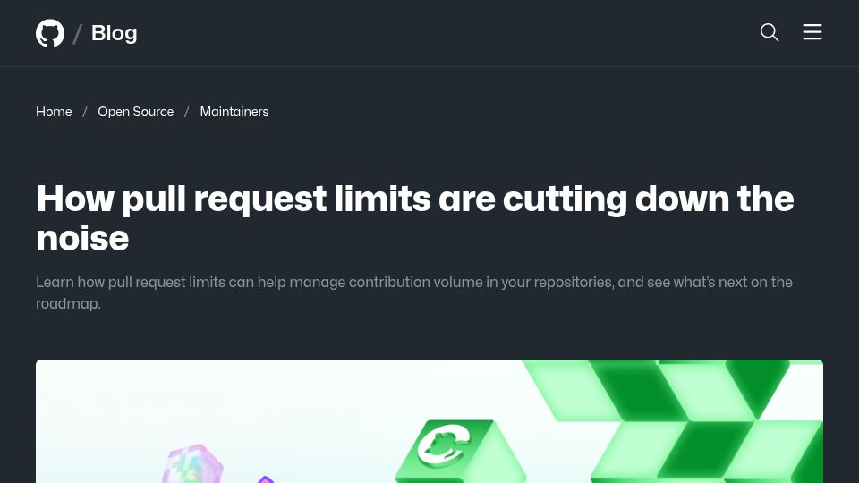 Screenshot of github.blog: Pull request limits are cutting down the noise
