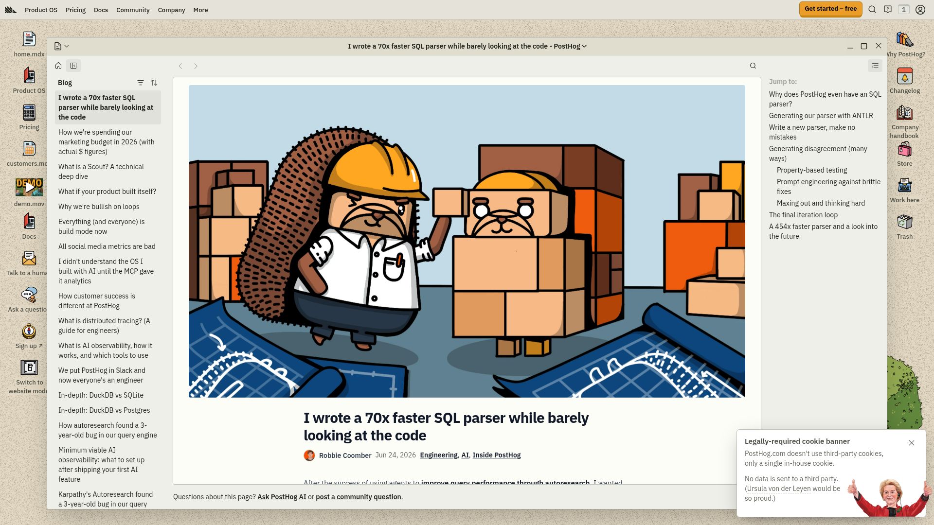 Screenshot of posthog.com: I rewrote PostHog's SQL parser, 70x faster, while barely looking at the code