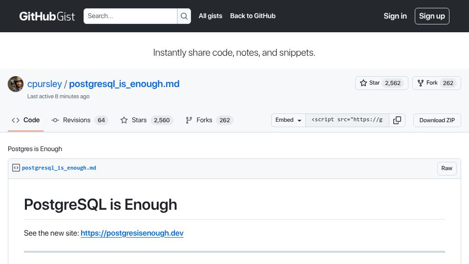 Screenshot of gist.github.com: PostgreSQL is enough (2024)