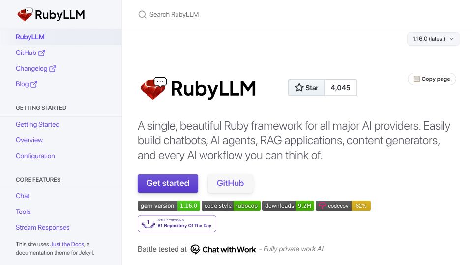 Screenshot of rubyllm.com: RubyLLM: A Ruby framework for all major AI providers