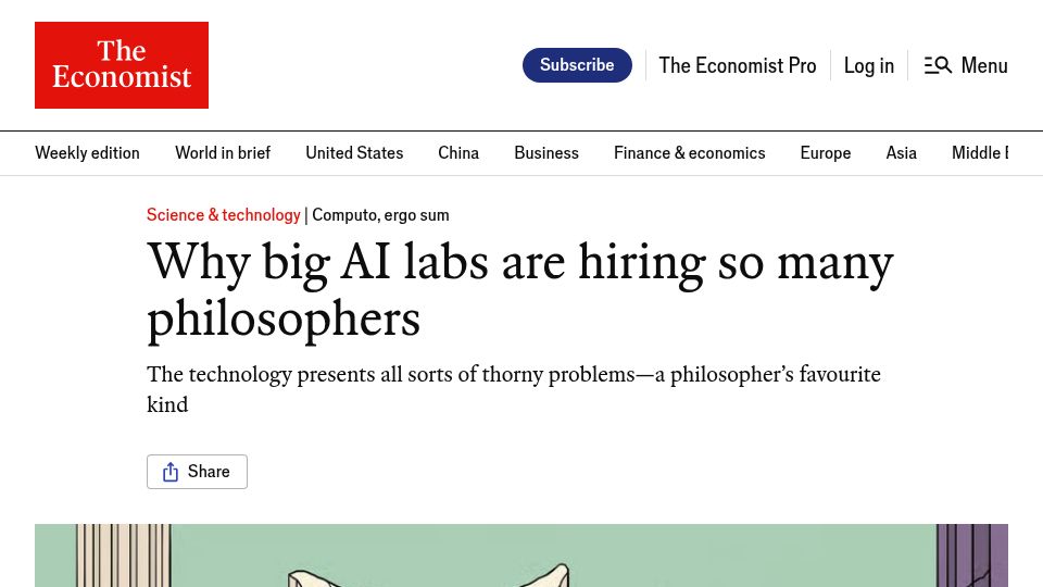 Screenshot of economist.com: Big AI labs are hiring philosophers