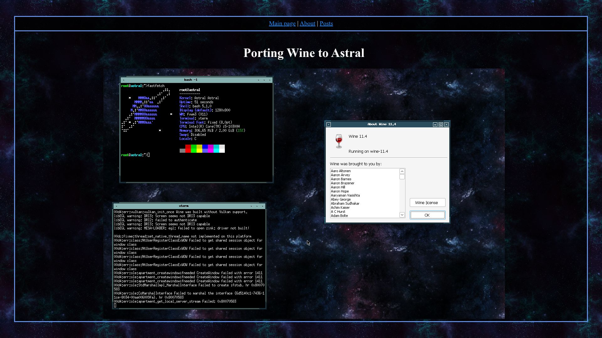Screenshot of astral-os.org: Running Windows Games on a Hobby OS with Wine