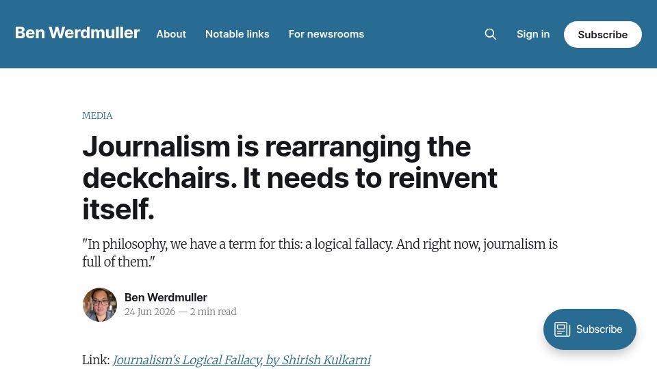 Screenshot of werd.io: Journalism is rearranging the deckchairs. It needs to reinvent itself