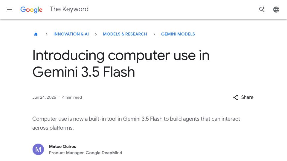 Screenshot of blog.google: Computer use in Gemini 3.5 Flash