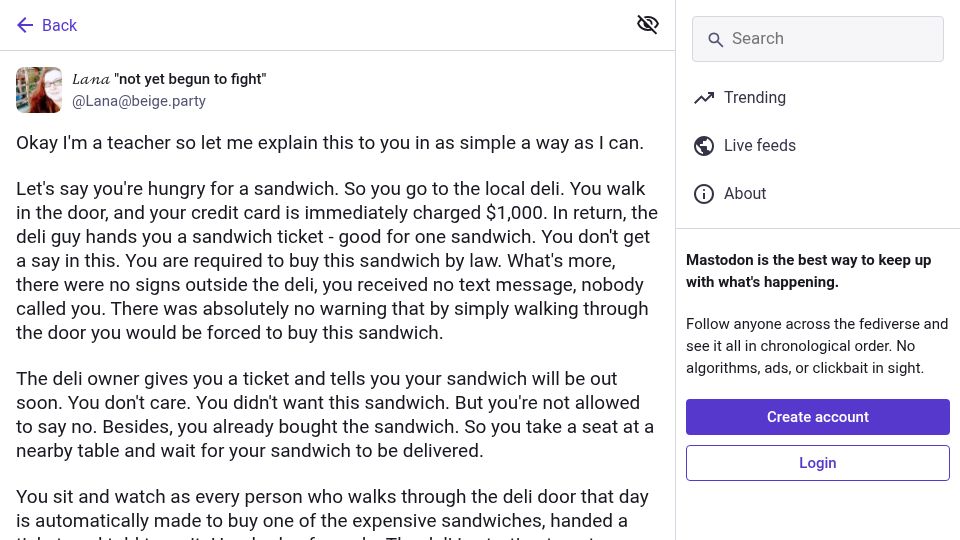 Screenshot of beige.party: Let's say you're hungry for a sandwich