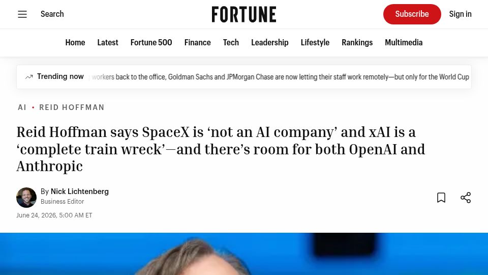 Screenshot of fortune.com: Reid Hoffman says SpaceX 'not an AI company', xAI 'complete train wreck'
