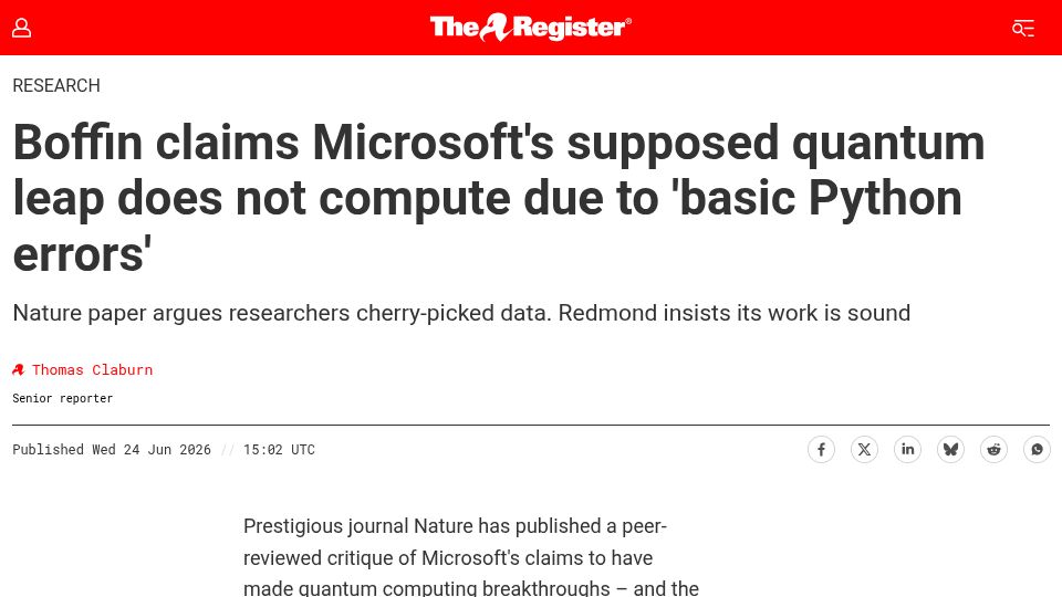 Screenshot of theregister.com: Boffin claims Microsoft’s “quantum leap” is invalid due to “basic Python errors”