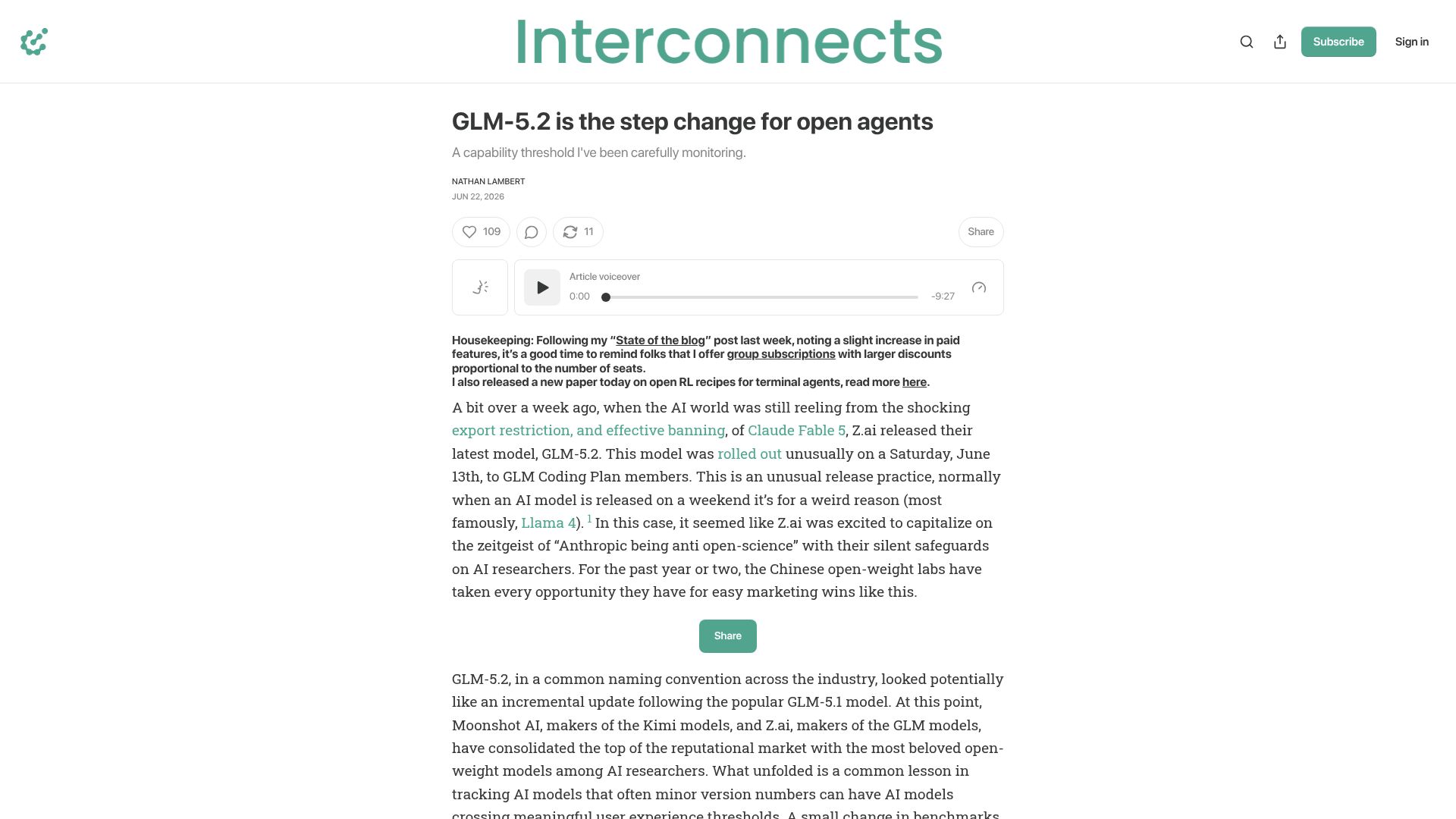 Screenshot of interconnects.ai: GLM-5.2 is a step change for open agents