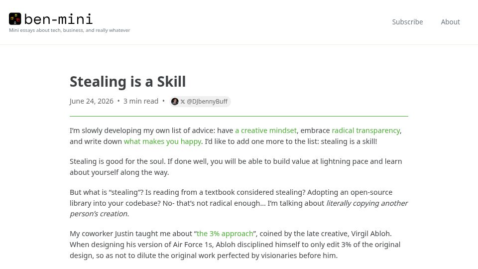 Screenshot of ben-mini.com: Stealing Is a Skill