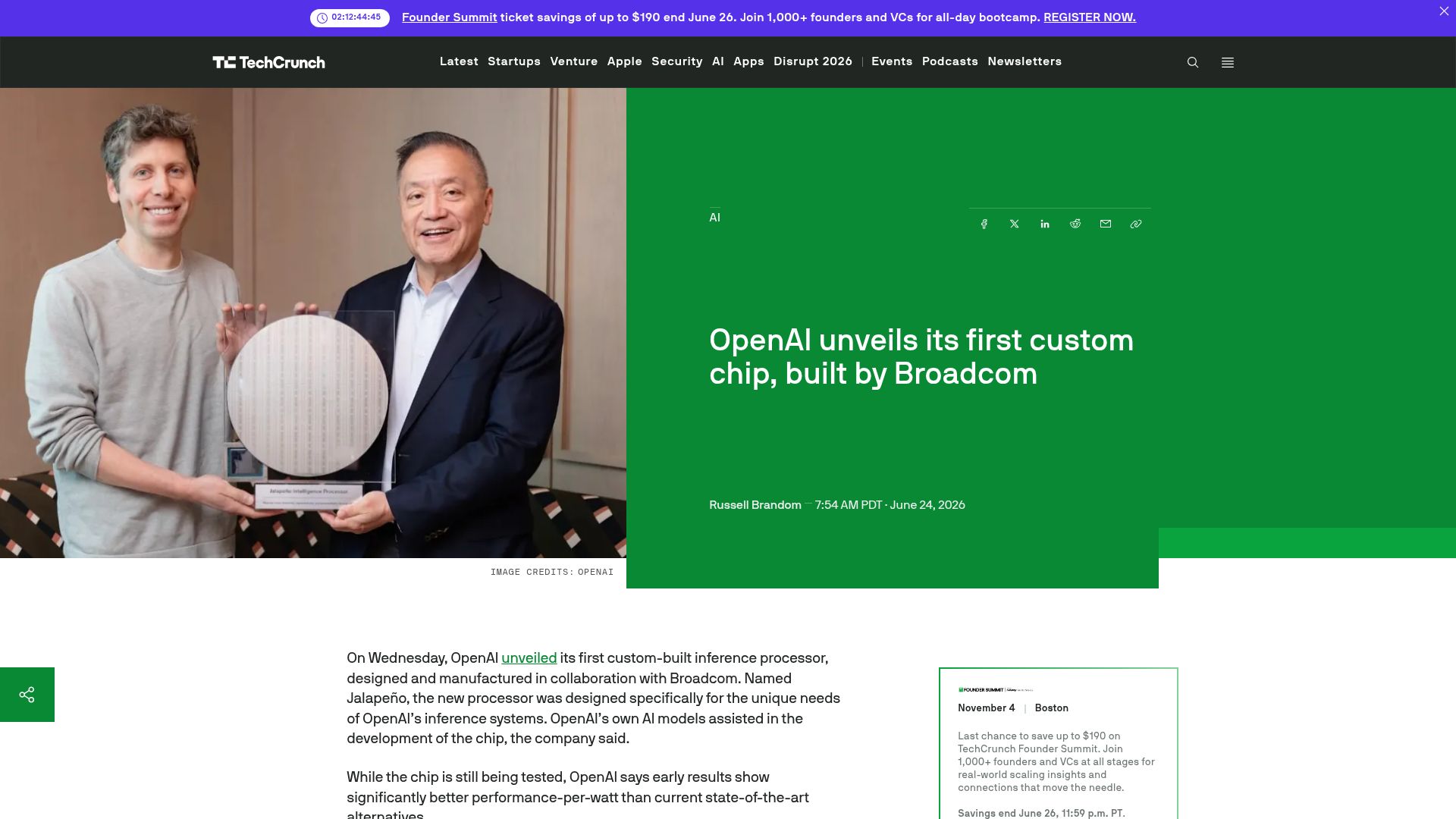 Screenshot of techcrunch.com: OpenAI unveils its first custom chip, built by Broadcom